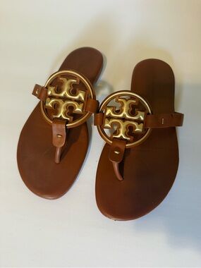 Tory Burch Brown Leather Logo Thong Sandals with Gold Emblem